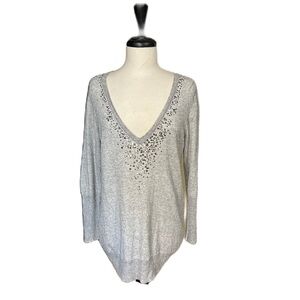 Eileen Fisher Sweater Sz Med Womens Gray Organic Cotton Cashmere Sequin V-neck